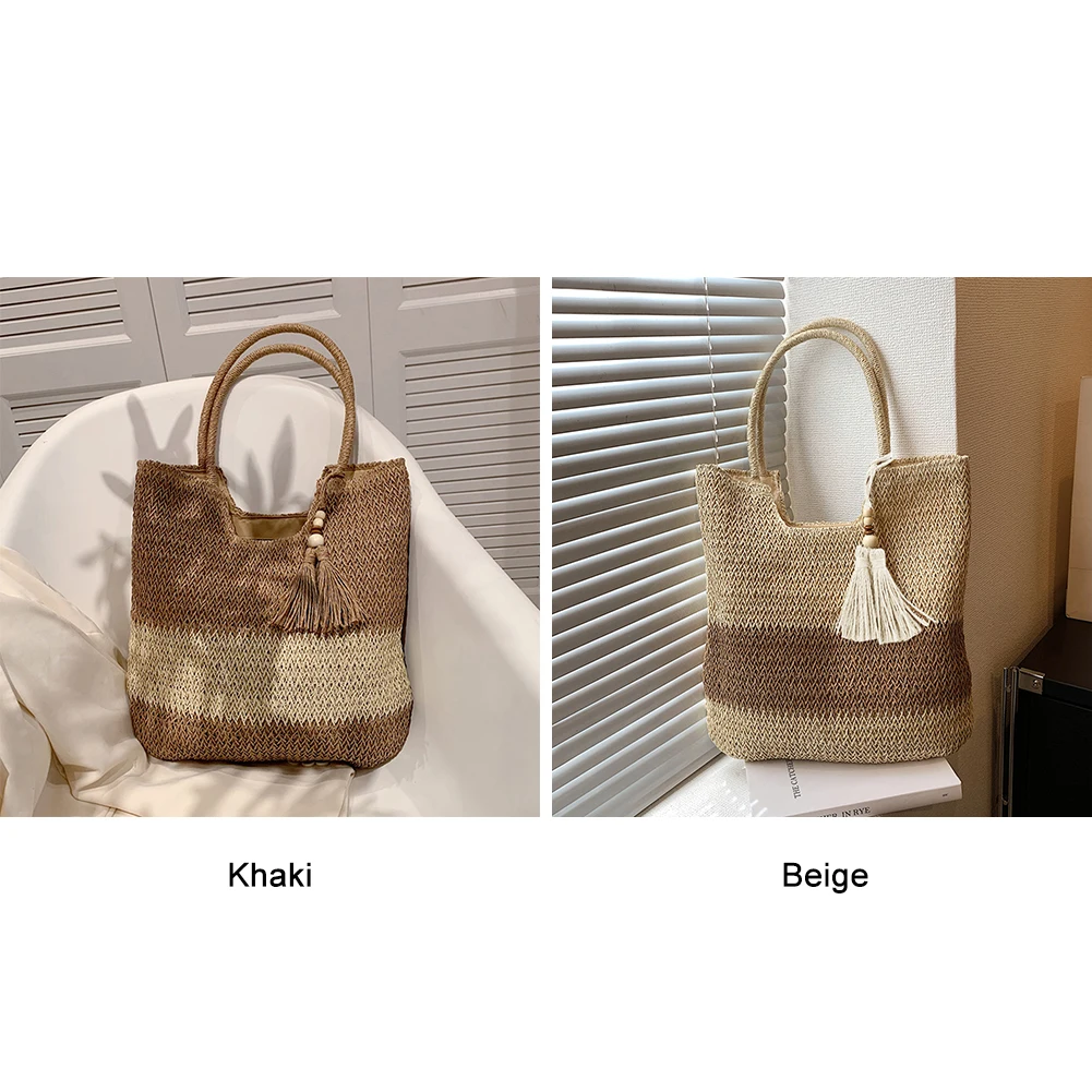 

Summer Top-handle Bag Contrast Color with Tassels Hand-Woven Handbags Large-Capacity Handmade Fashion Simple for Seaside Holiday