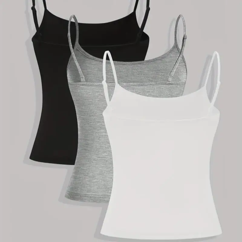 섹시한 컬러 여성 탱크탑 및 조끼 3피스 세트 순색 스트랩 조끼 중년 여성용 패셔너블 겨울 의상