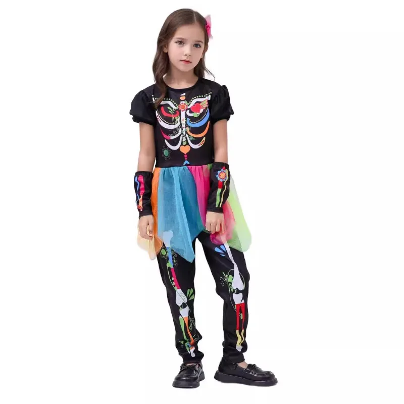 Halloween Children's Costumes Girls Day of The Dead Colorful Skeleton Princess Dress Cosplay Role-playing Performance Costumes