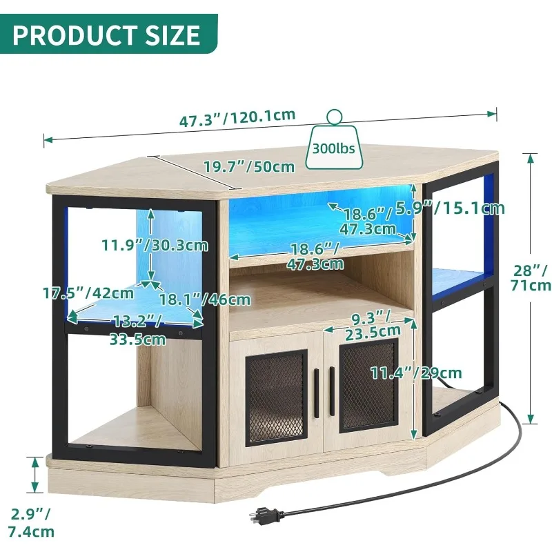 Corner TV stand for TVs up to 55/50 inches with electrical outlets, modern farmhouse-style entertainment center