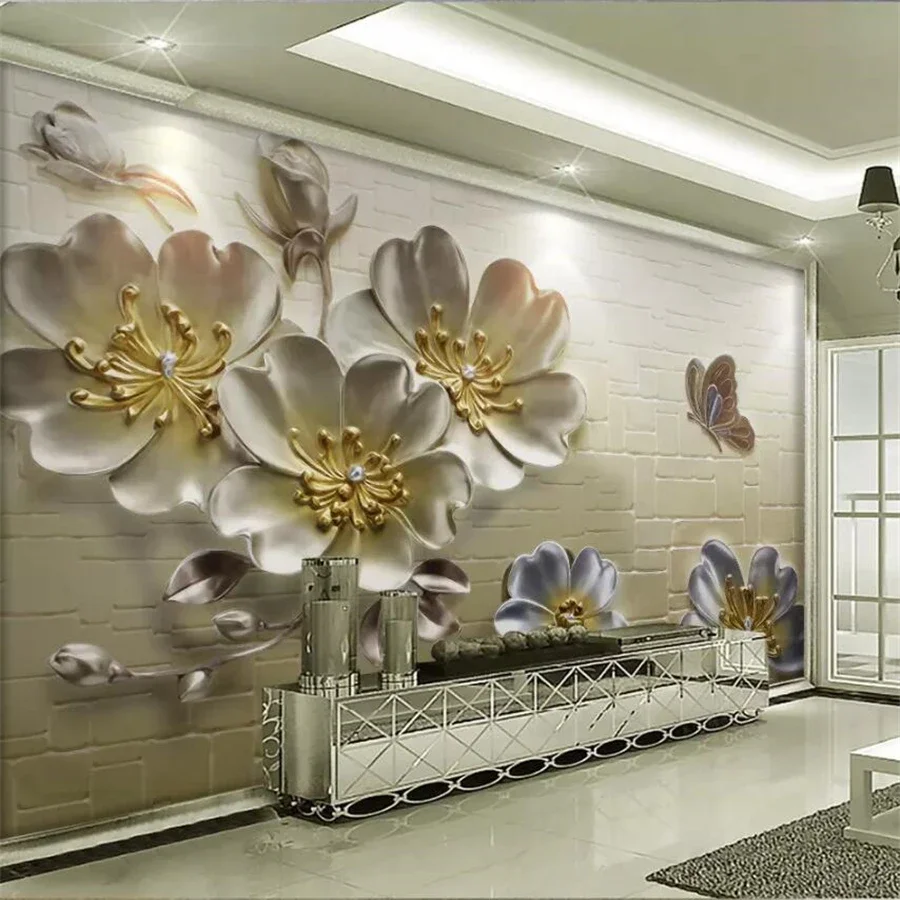 

Custom size mural 3d papel de parede modern minimalist resin floral wallpaper Embossed Purple Magnolia TV Background wall paper