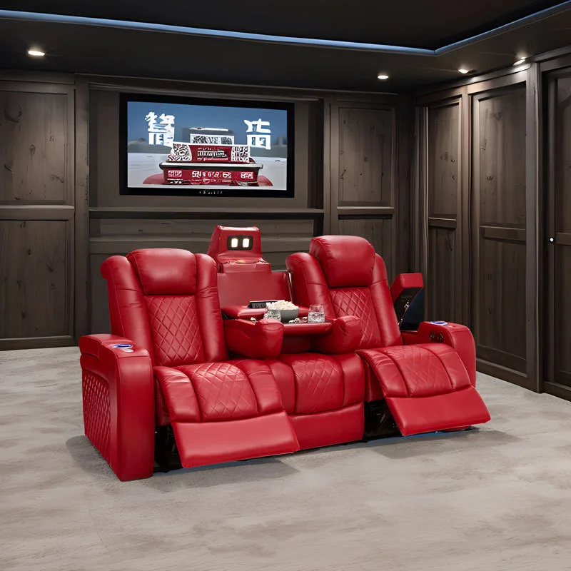 Assentos de cinema preto, sofá de assento de cinema em casa vip de couro privado, sofá reclinável elétrico de cinema em casa de luxo com suporte de copo