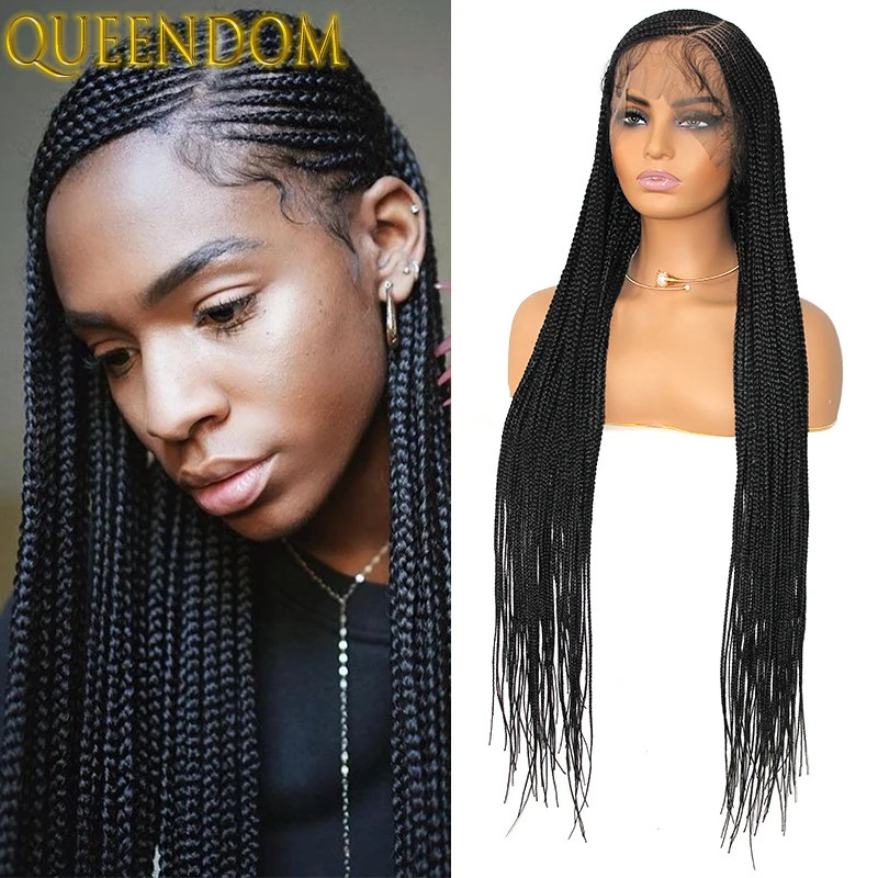 36\'\' Long Full Lace Cornrow Braid Wig Knotless Side Part Braided Synthetic Glueless Wig Box Braids Goddess Wigs With Baby Hairs