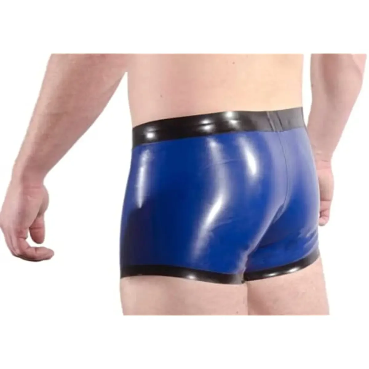 กางเกงขาสั้นยางแฮนด์เมด Latex Boxer สีฟ้าขอบสีดําสําหรับผู้ชายสวมใส่