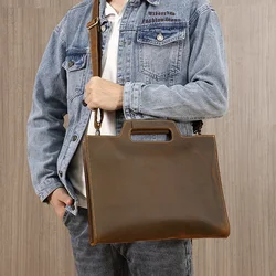 New men's handbag leather computer A4 file bag crazy horse leather shoulder crossbody briefcase simple briefcase