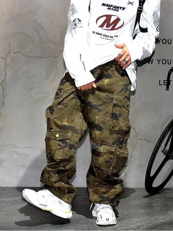 

American Retro Camouflage Workwear Jeans Men's Trendy Brand Multi-ket Loose Straight Leg Outdoor Casual Sports Long Pants