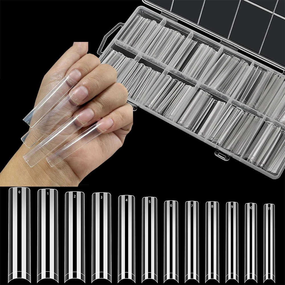 240Pcs 3XL No C-Curve Square Nail Tips Clear Extra Long Half Cover False Nails 12 Sizes Straight Tapered Square French Manicure