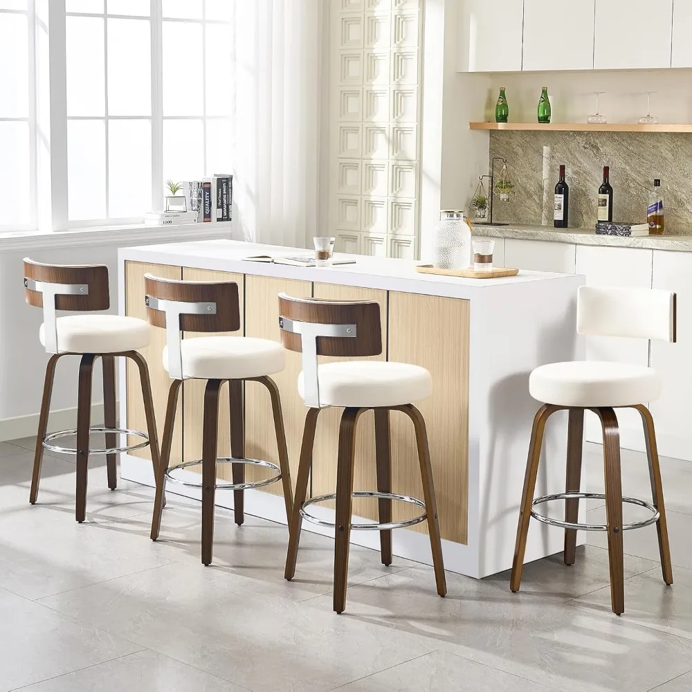 

Swivel Counter Height Bar Stools Set of 4, Faux Leather Kitchen Stools Upholstered Barstools with Back, Walnut Wood Legs,