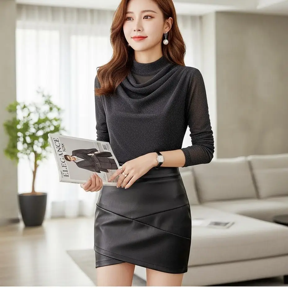 2025,New,Fall,Winter,European,Clothes,Mesh,T-Shirt,Fashion,Sexy,O-Neck,Women,Tops,Long Sleeve,Bottoming Shirt,Elastic,Tees,51001