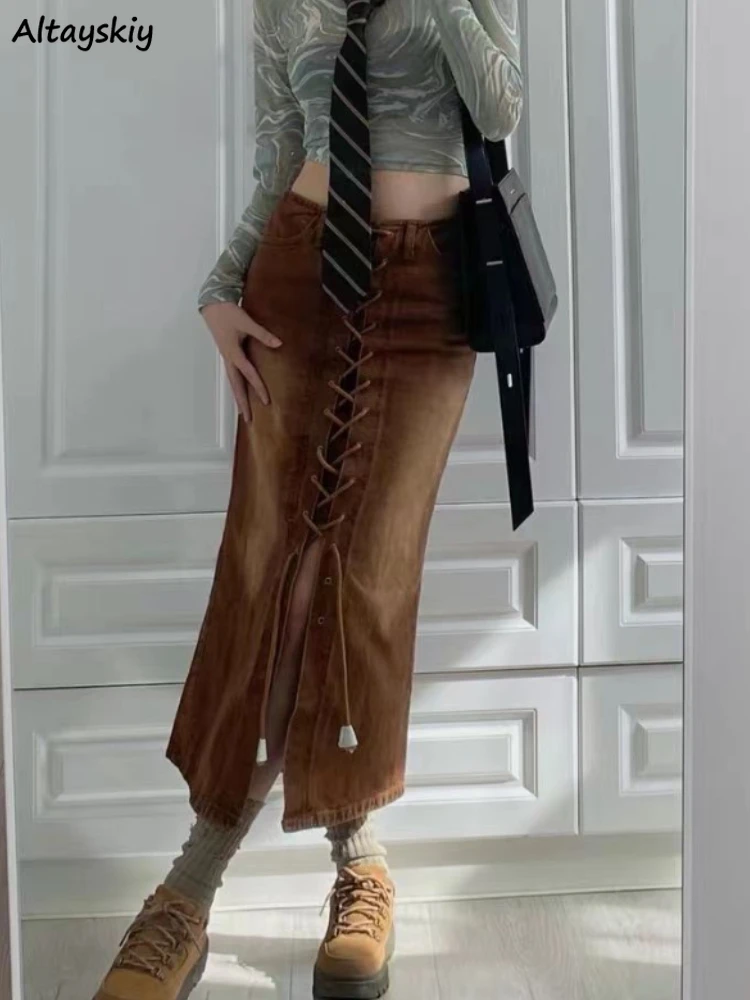 

Юбки миди женские S-4XL ретро дизайн бандажная мода универсальная уличная одежда для отдыха джинсовая одежда Faldas Ulzzang осень женская личность