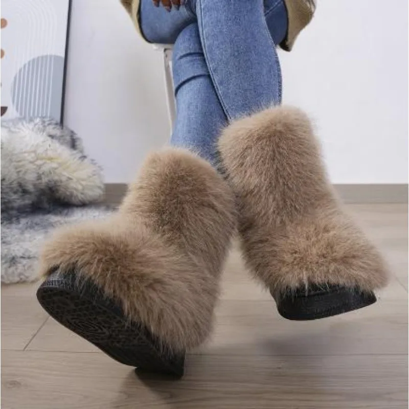 

New Women's Winter Snow Boots Outdoor Luxury Furry Faux Fox Fur New Fashion Boots Woman Plush Warm Platform Shoes Zapatos Mujer
