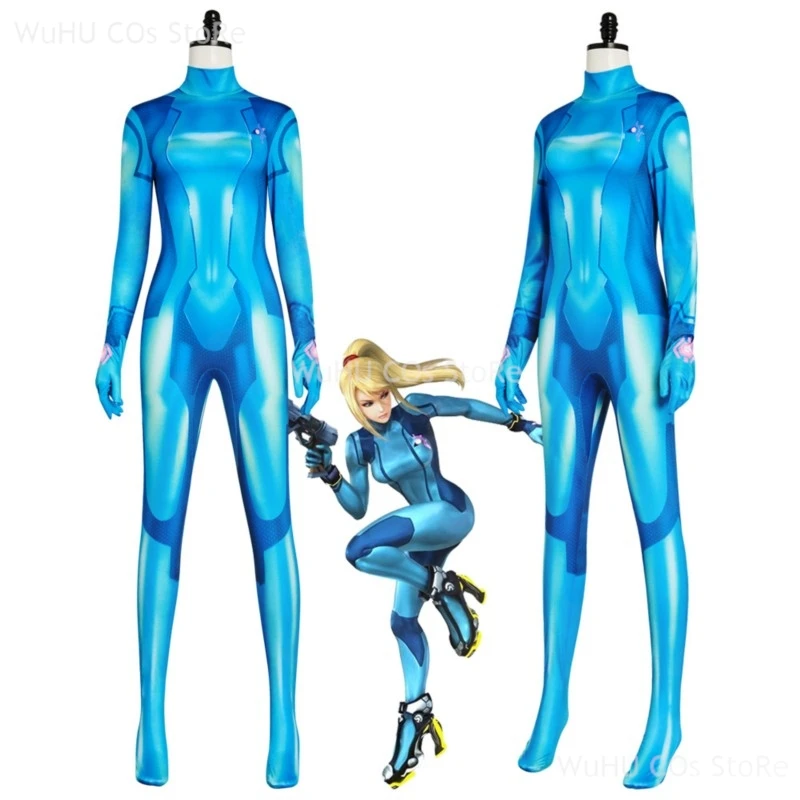 

Game Metrooid Samus Aran Cosplay Blue Jumpsuit Game Hero Cosplay Costume Female Samus Zero Costume Bodysuit Power Suit