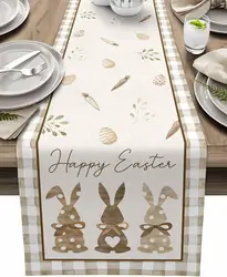 Happy Easter Bunny Egg Linen Table Runner Holiday Party Decor Spring Carrot Plant Plaid Table Runners Kitchen Dining Table Decor