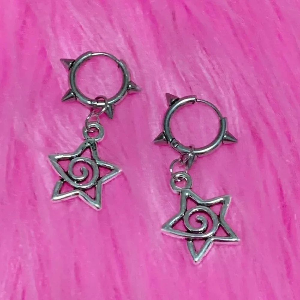 Punk Sliver Color Stainless Steel Hollowed-out Five-pointed Star Rivets Spike Ball Pendant Hoop Earrings for Women Men Jewelry