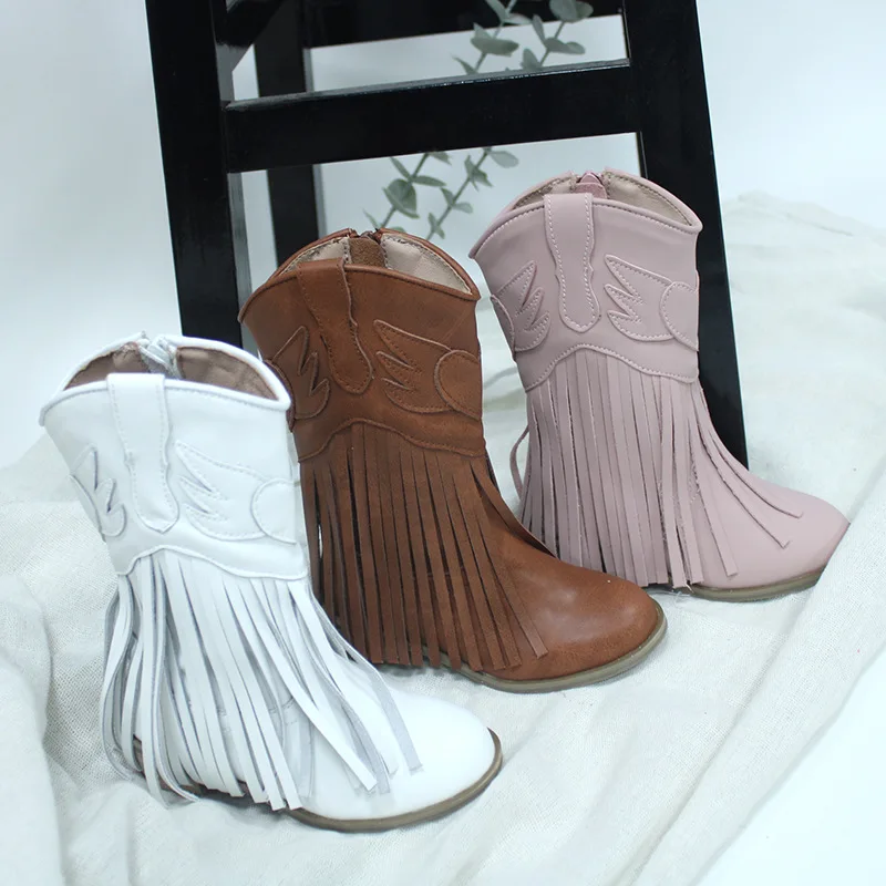 Girls Western Cowgirls Vintage Mid-Calf Boots Baby Toddler Little Kids Soft High Fringe Side Zipper Autumn Winter Fashion Boots