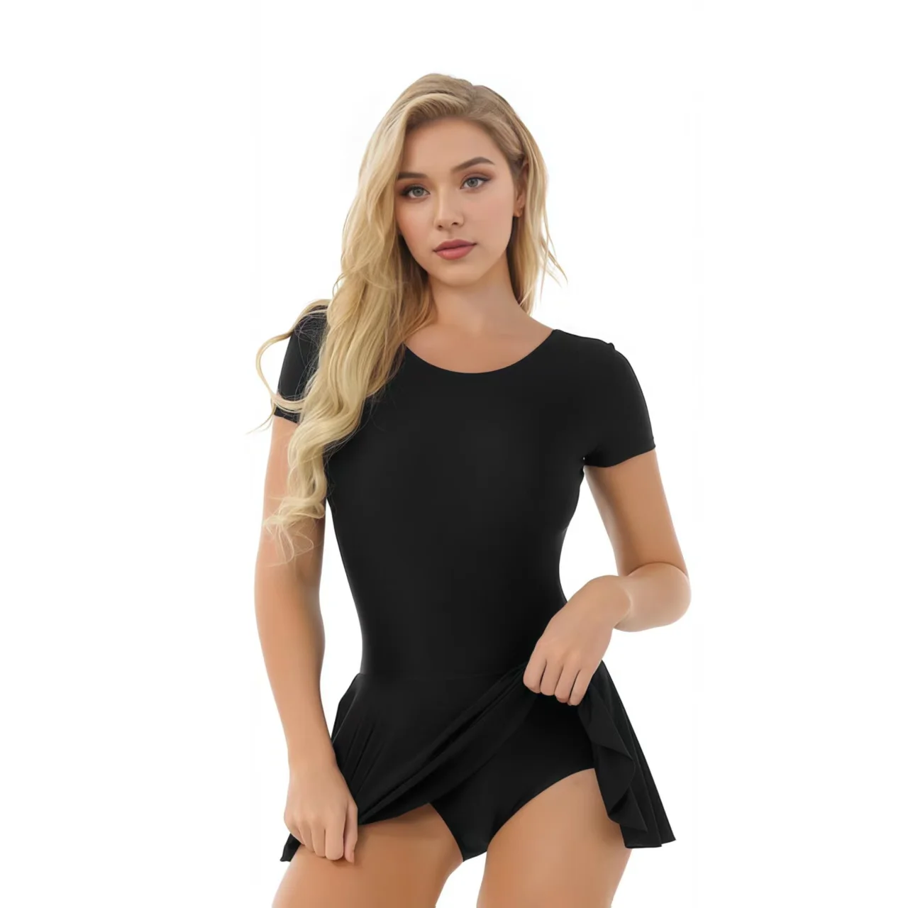 Collant sedoso brilhante, vestido de dança de balé, saia de prática, ginástica, esportes, yoga, manga curta, saia corporal