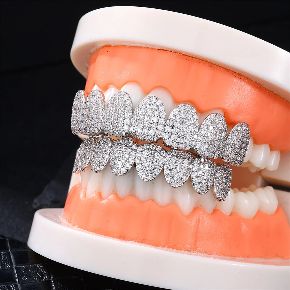 D&Z Fashion Dental Grills Set For Men Women Full Of Bling Micro Zircon Copper Top Bottom Teeth Grillz Hip Pop Jewelry