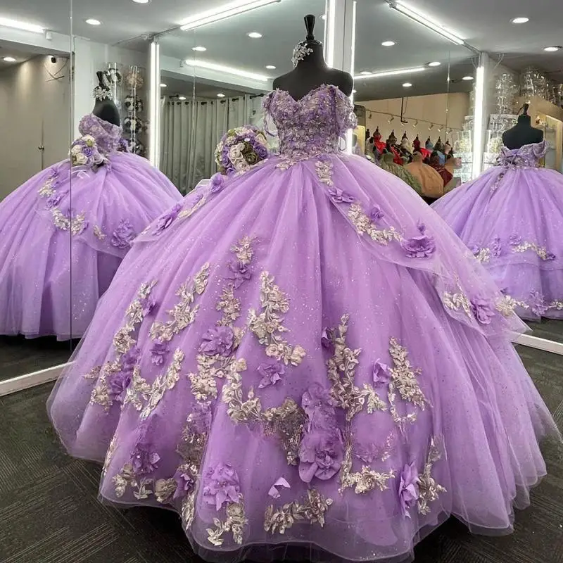 

Luxury Lilac Tulle Flower Appliques Quinceanera Dresses 2024 Sweetheart Off The Shoulder Sweet 16 Ball Gown Vestidos De 15 Años