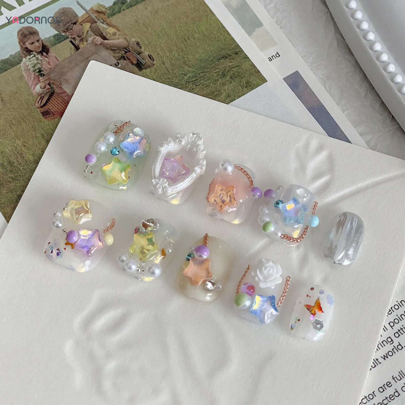 Uñas postizas 3D hechas a mano para mujer, diseño de estrella, flor y Perla, Color desnudo, manicura artesanal