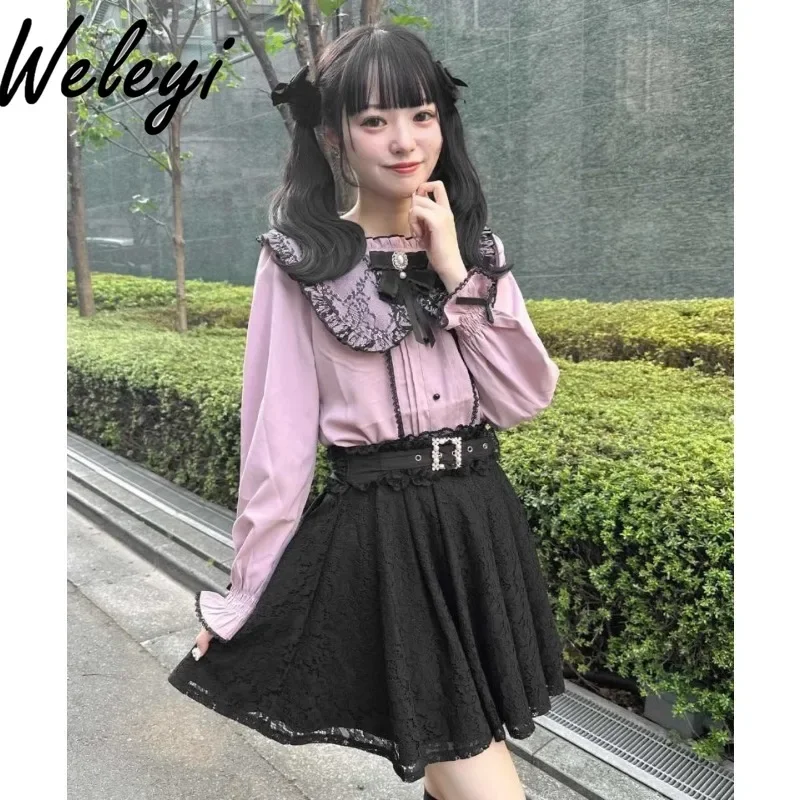 Japanese Ropa Mujer Rojita Camisas E Blusas Tops 2024 Autumn Cute Sailor Lace Composite Mine Puff Sleeve Lace-up Bottoming Shirt