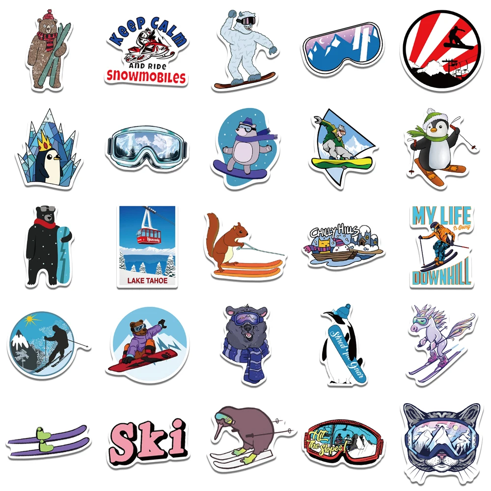 Desenhos animados Inverno Esqui Adesivos para Crianças, Laptop, Bagagem, Capacete, Skate, Snowboard, Guitarra, Scrapbook, Adolescentes Presentes, 10