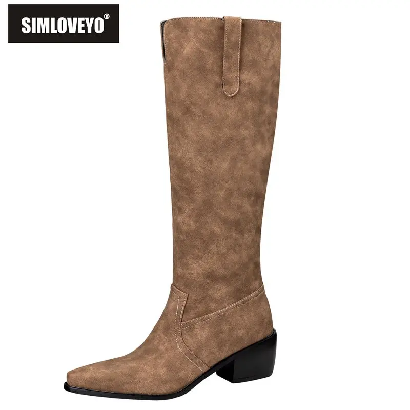 

SIMLOVEYO 2025 г., женская зимняя обувь до колена с квадратным носком, толстый каблук 5,5 см, большие размеры 45–48, мягкая повседневная обувь в стиле ретро