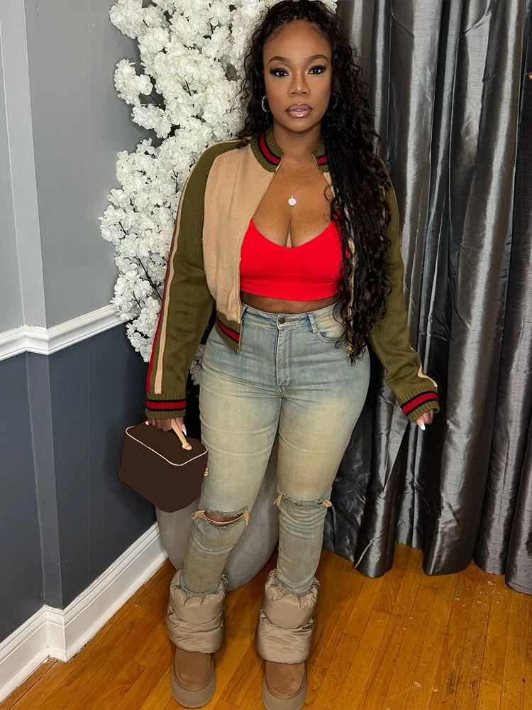 

Whatiwear Contrast Patchwork Crop Coat Woman Autumn Trend Crochet Zip Full Sleeve Letter Embroidery Street Casual Fashion Jacket