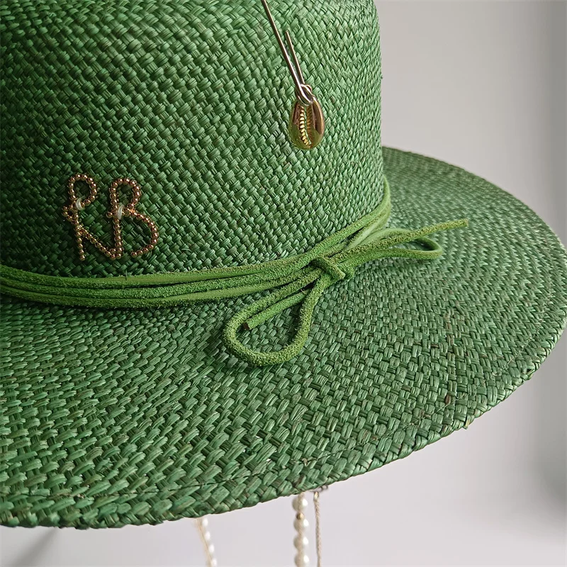 Metal letter straw hat Green Flat-top Hat handmade design hat pearl chain summer sun hat new letter hat beach women gorras cap
