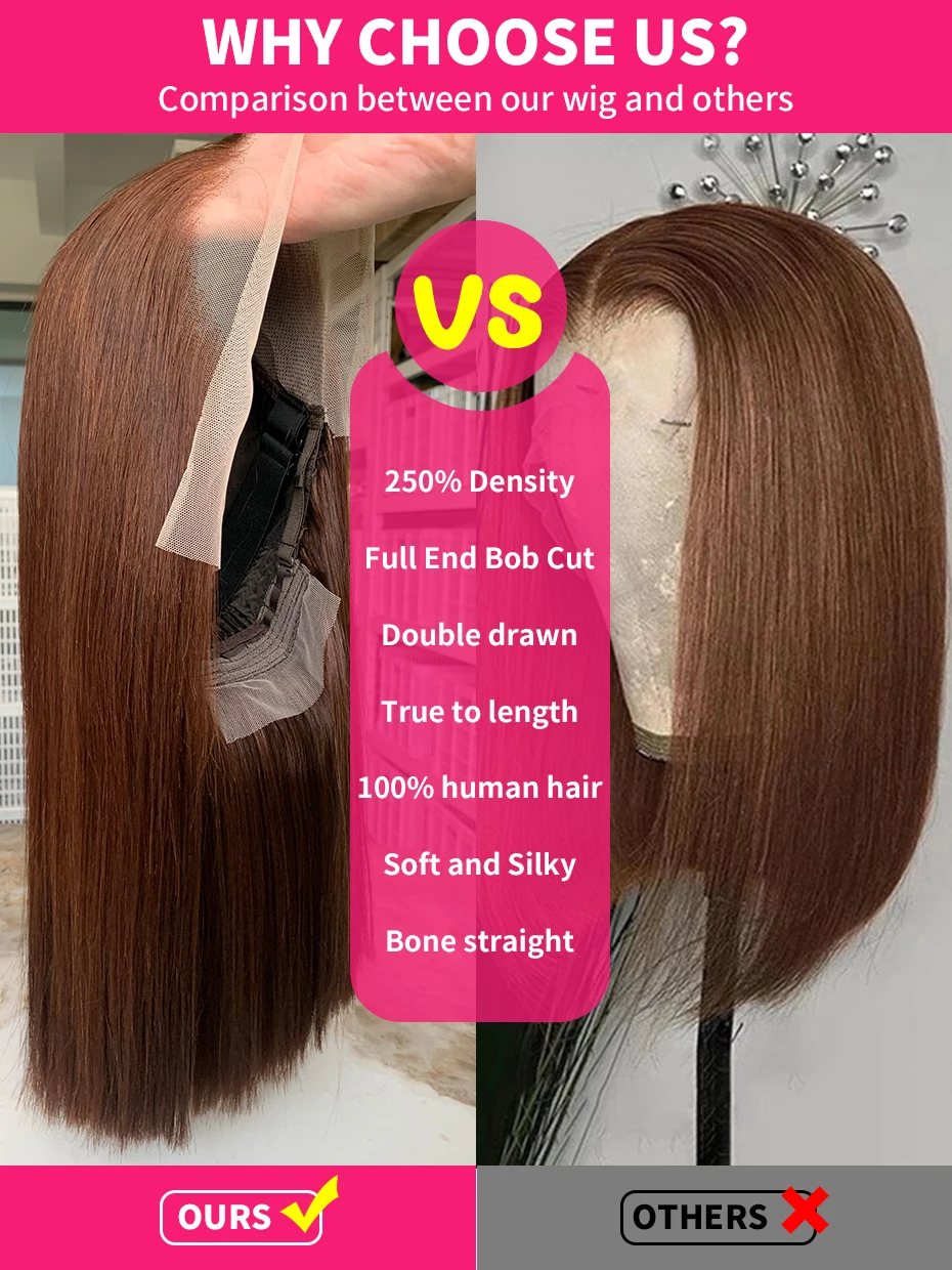 # 2 Bruine Chocolade Kleur 250 Dichtheid Kant Frontale Pruik Echt haar Ruw Vietnamees Dubbelgetrokken 13x4 Bob Kanten Voorkant Pruiken van echt haar