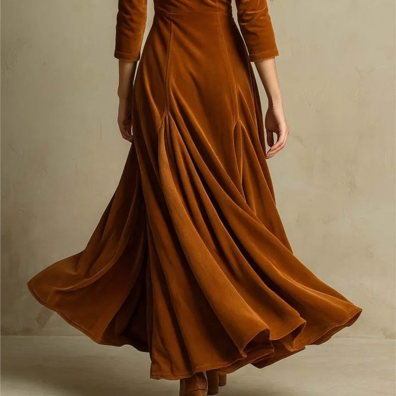 Gonna lunga in velluto elegante da donna autunno inverno moda tinta unita risvolto sottile pieghettato orlo fluido abito da ballo festa vestido