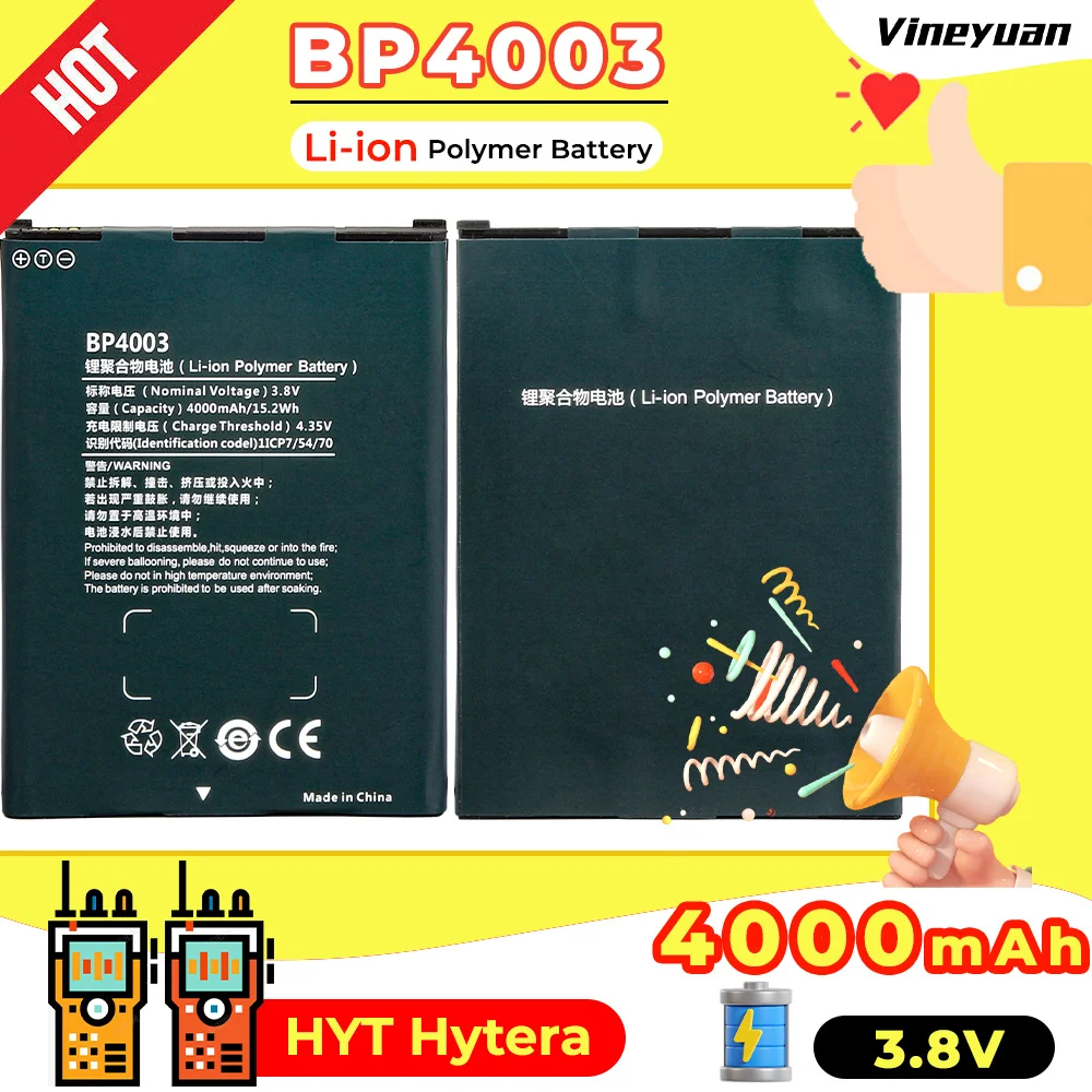 Batería de polímero de iones de litio de alta capacidad para Walkie Talkie HYT Hytera PNC550, 3,8 V, 4000mAh, BP4003, nueva