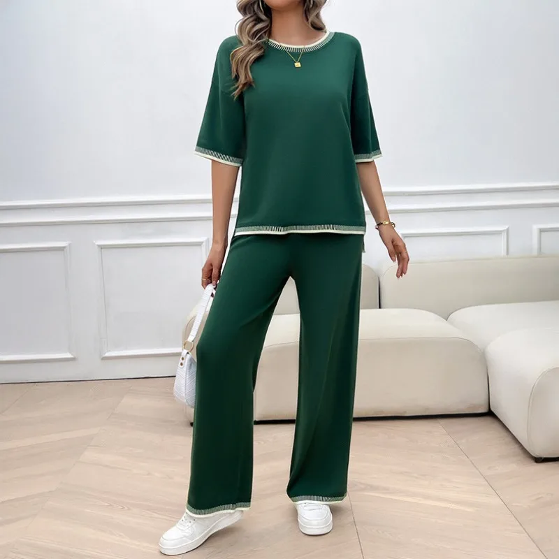 Ensemble T-shirt et pantalon pour femme, décontracté, 2 pièces, taille élastique, printemps, été, nouveau, 2024