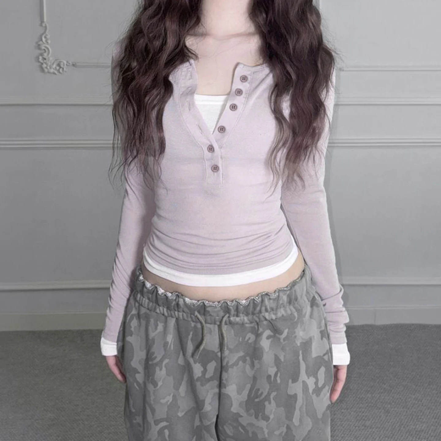 Frauen Kontrast Farbe Langarm Tops Ästhetische Slim Fit Gefälschte Zwei-Stück Halb Button-up Rundhals Frühling herbst Shirts Clubwear