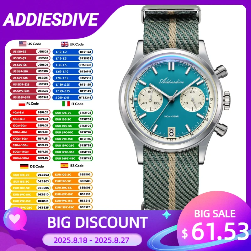 

ADDIESDIVE Panda Chronograph Quartz Men Watches VK64 Movement 38mm Watch For Man Waterproof Bubble Mirror Glass Reloj Hombre NEW