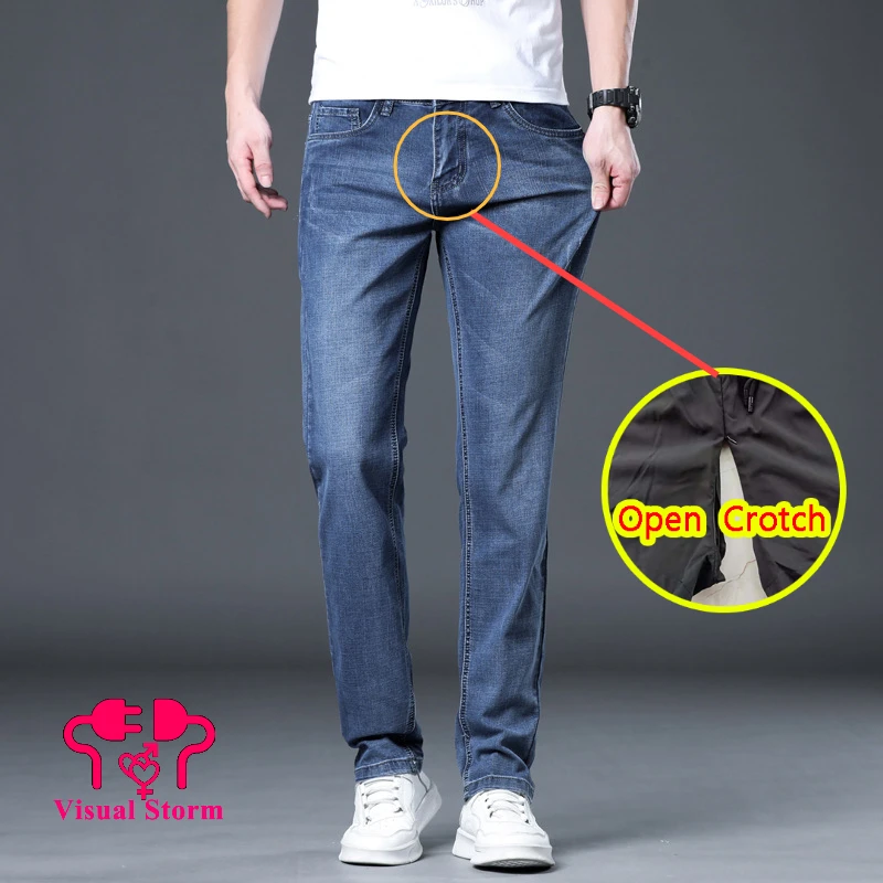 Men Sexy Open Crotch Jeans Pants Gay Clubwear Double Hidden Zippers Slim Panties Crotchless Cargo Pockets Trousers Outdoor Sex