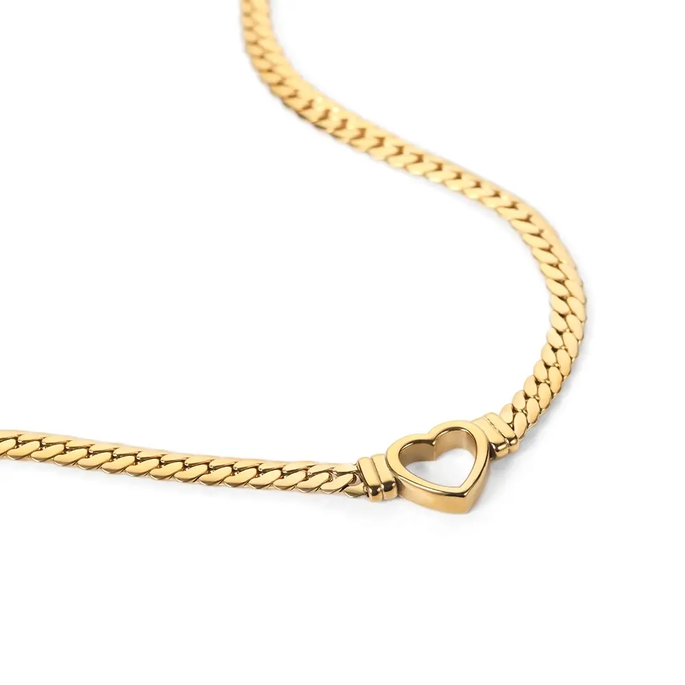 Casual Style Gold Plated Stainless Steel Cuban Link Heart Chain For Women Waterproof Necklace Girlfriend Gift