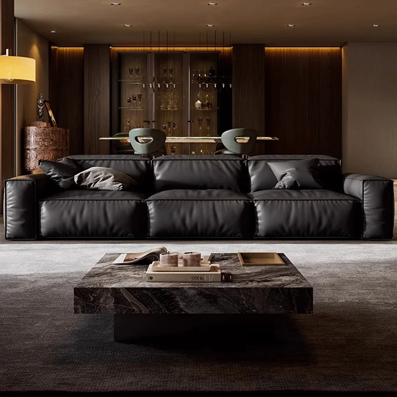 Tofu block leather sofa straight row sofa living room three-person sofa