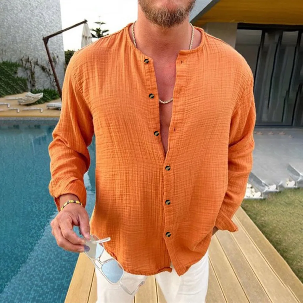 Men's Summer Cotton Stand Collar Shirt Casual Loose Wrinkle Design Long Sleeve Breathable Lightweight Tops Fashion Man 2026