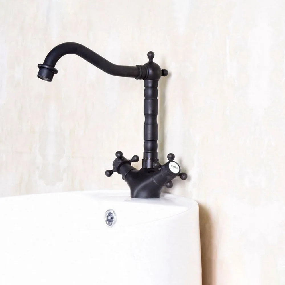 

Basin Faucets Black Color Brass Deck Mounted S Bathroom Sink Faucets Double Handle Hot And Cold Water Tap Bnf142