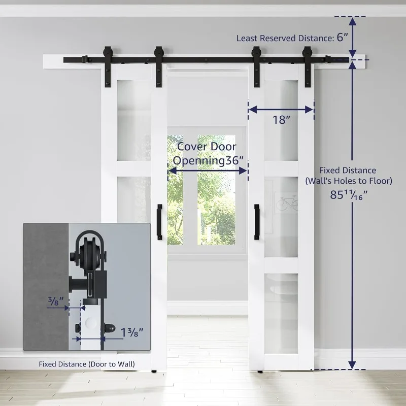 باب الحظيرة المنزلق المزدوج 18 × 84 بوصة مكون من 3 ألواح مع زجاج بلوري ومجموعة أجهزة بطول 6.6 قدم - مقاومة للماء، سهلة التجميع، محفورة مسبقًا