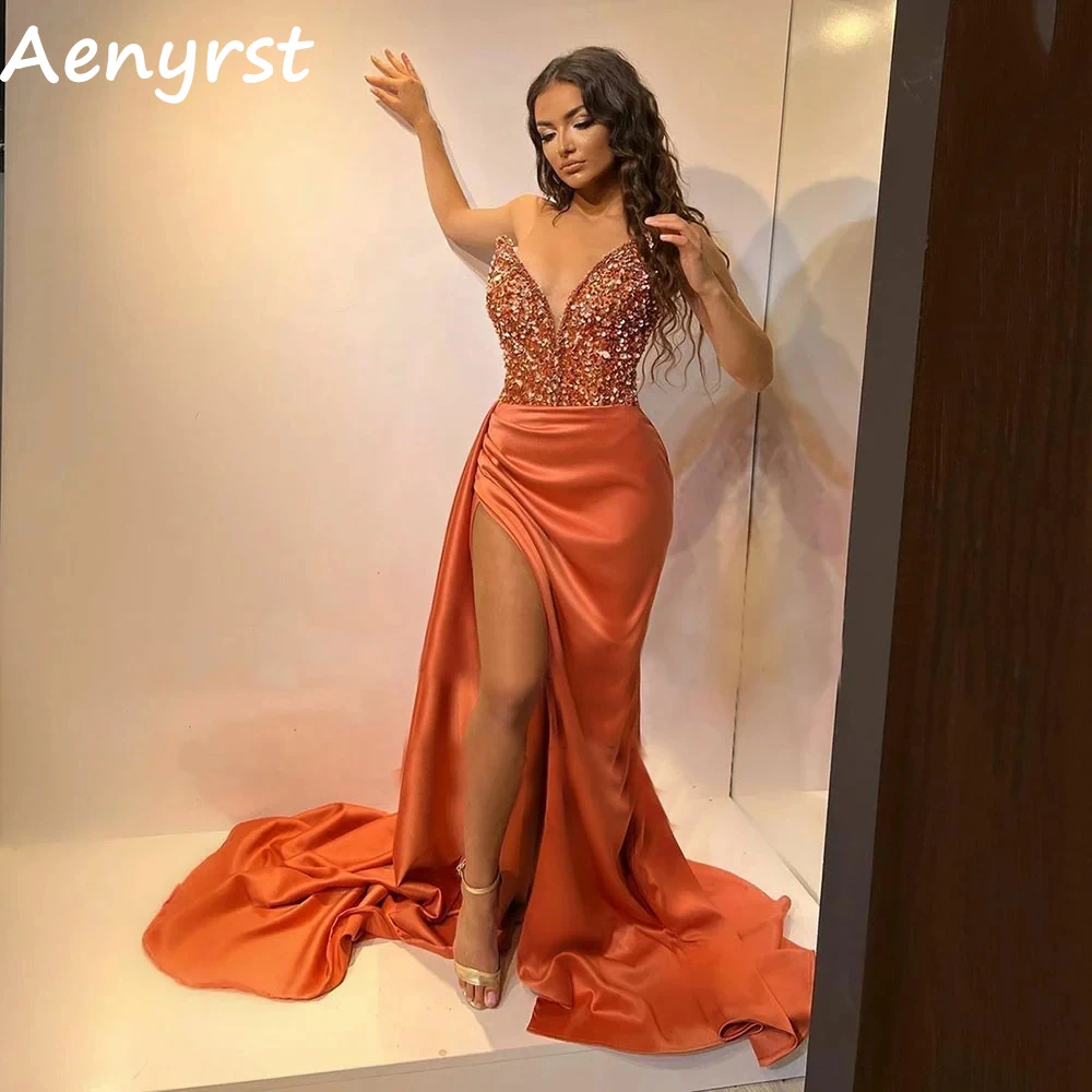 

Aenyrst Saudi Arabia Sexy V Neck Sequined Evening Dresses Satin Mermaid Side Split Prom Gowns Floor Length Dinner Party Dress