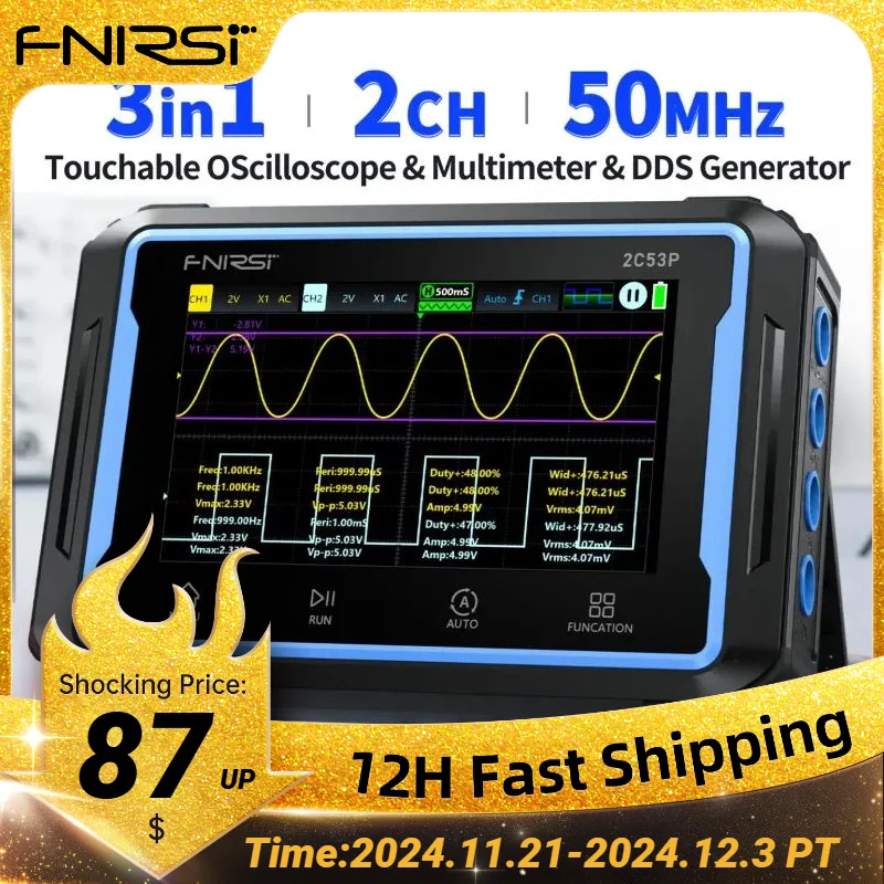 FNIRSI 2C53P Touch Screen Digital Oscilloscope+Multimeter+Signal Generator 3IN1 Dual Channel 50MHZ Automatic Osciloscópio Tools