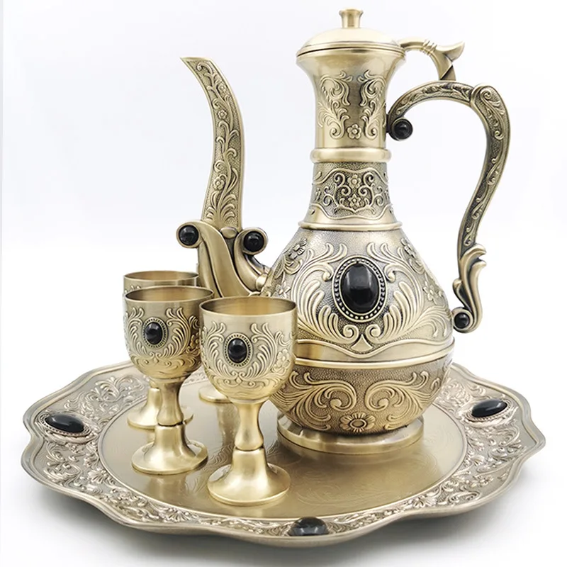 

Бронзовый кувшин для вина в антикварном стиле, имитация, с драгоценными камнями, желтый, для свадебных церемоний, чаша для байцзю, набор для вина из оловянной посуды