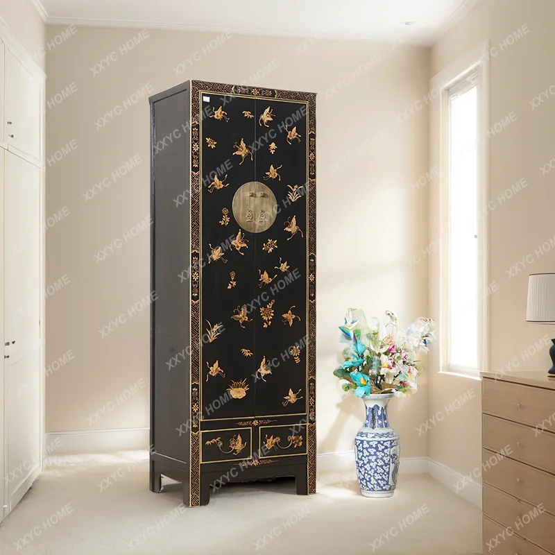 Solid wood painted wardrobe black adult locker gold painted classical vertical cabinet hotel B & B