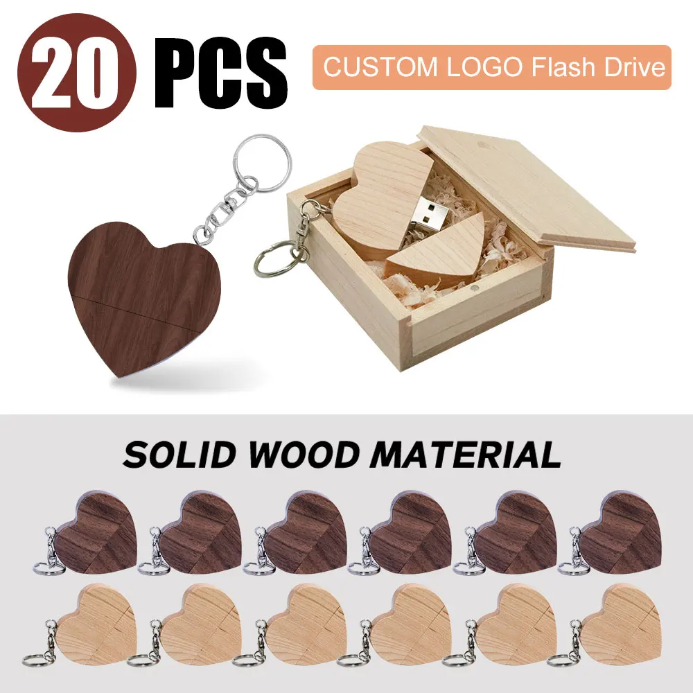 

20 шт., флэш-накопитель с бесплатным логотипом Heart USB 2,0, 64 ГБ, брелок для ключей, деревянный свадебный подарок, ручка-накопитель 32 ГБ, карта памяти U, креативный подарок