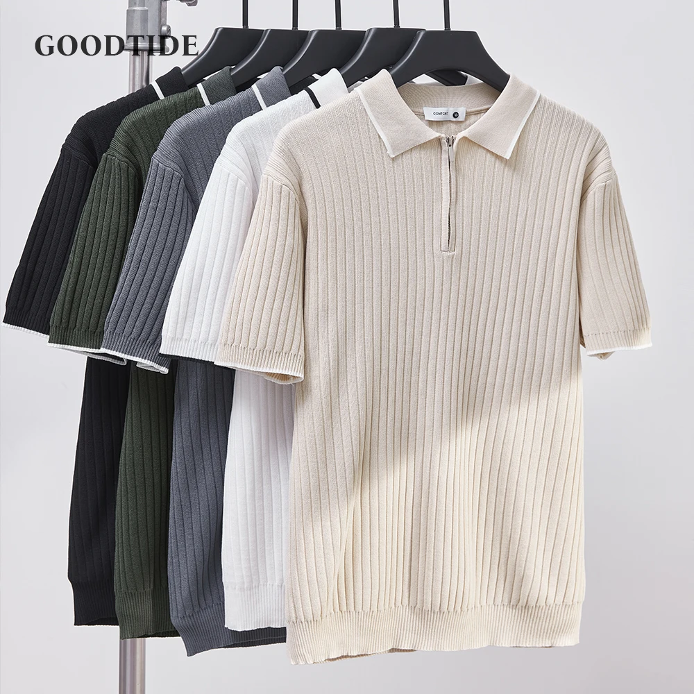 

Men's Striped Zipper Short Sleeve Knitted Shirt Summer Comfortable Breathable Casual Business Polo Shirt Men's Golf Loose Top