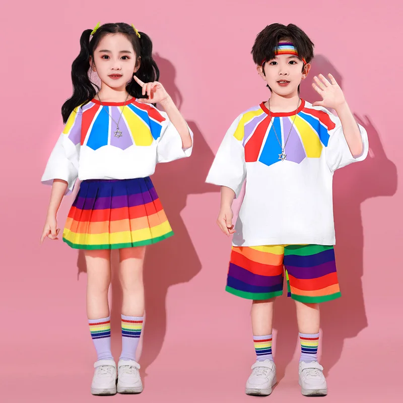 Kids cheerleader hip hop dance set girls white rainbow T-shirt performance class outfit Boys stage fashion striped shorts