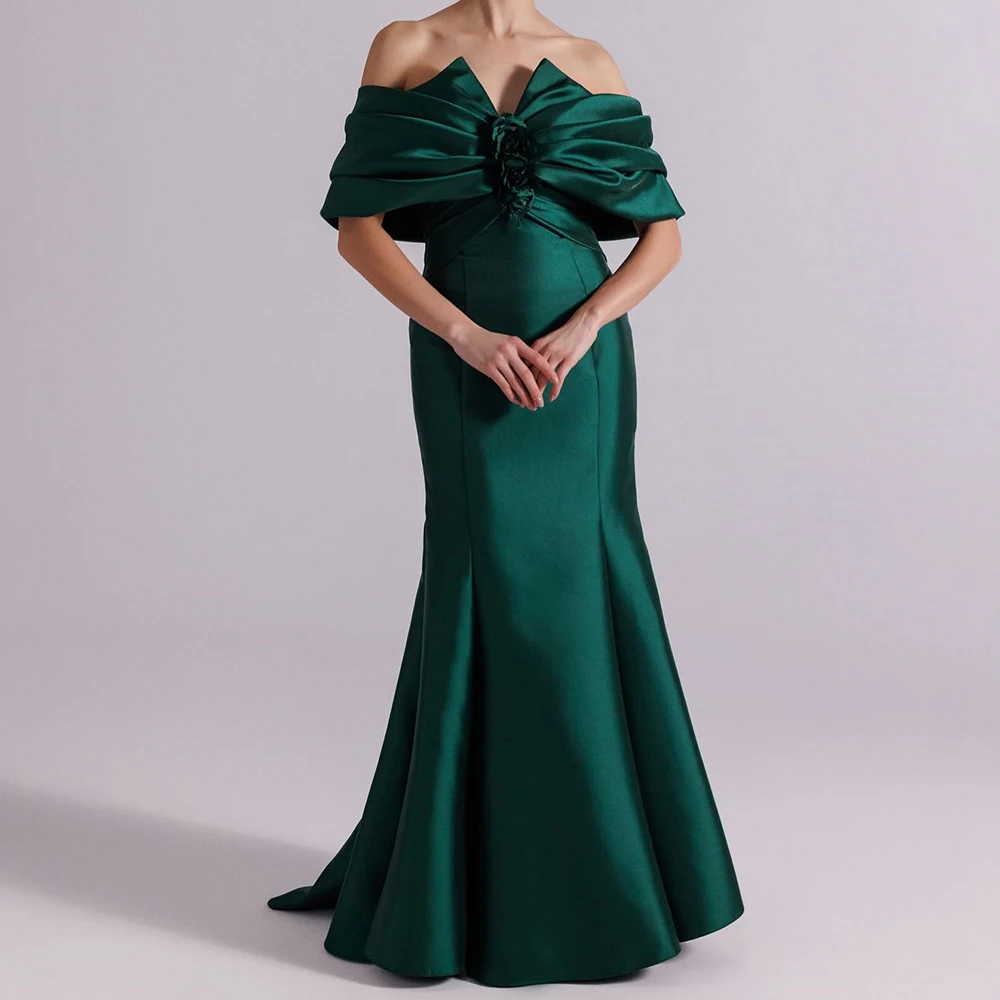 

Customized A-line Evening Dresses Floor-length Off The Shoulder Sleeveless Prom Gown Simple Fashion Flowers Draped Party Gown