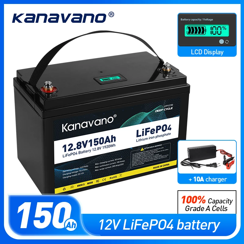 

Kanavano Waterproof 12.8V 150Ah Lifepo4 Power Bank 100Ah Battery Pack Built-in Bms For Solar Fishing Boat Trolling Motor