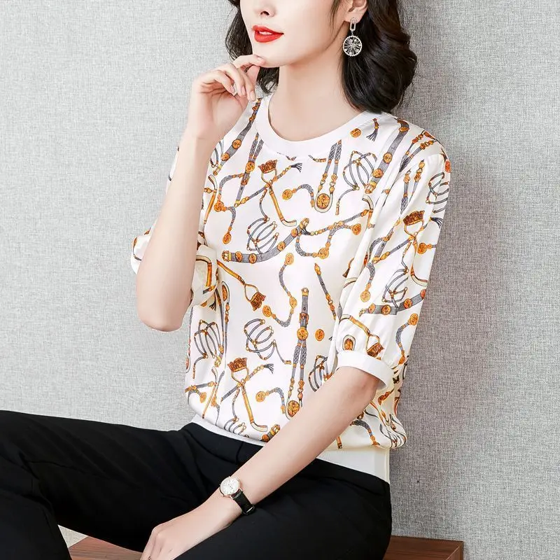 2024 Women Summer T Shirt Vintage Knitted Ice Silk Short Sleeve Tops Casual Shaped Pullover Tee Shirt Harajuku